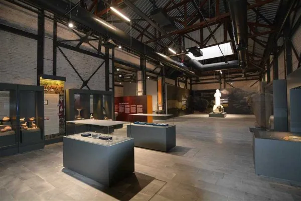 Modern bir müze sergi salonu, tarihi eserler ve aydınlık atmosfer.