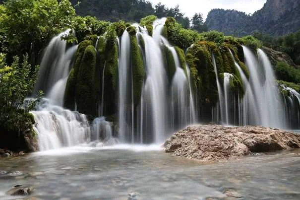 Küp Şelaleleri - Doğanın Huzur Verici Güzellikleri Küp Şelaleleri'nde yeşil bitkiler ve berrak suyla tropikal bir atmosfer.