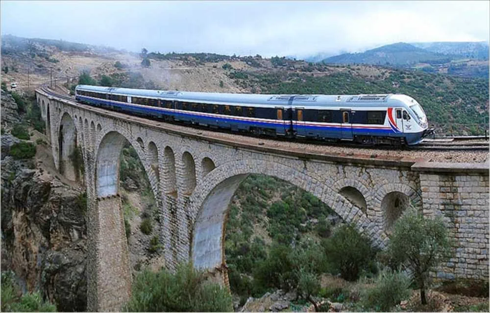 Varda Köprüsü'nde ilerleyen modern tren, yemyeşil dağlarla çevrili mistik bir atmosferde.