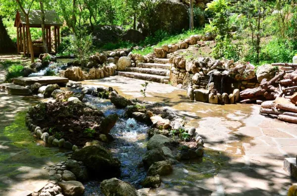 Yerköprü Mesire Alanı'nda huzurlu bir dere ve yeşil ağaçlar. Doğal atmosfer, dinlendirici bir ortam sunuyor.