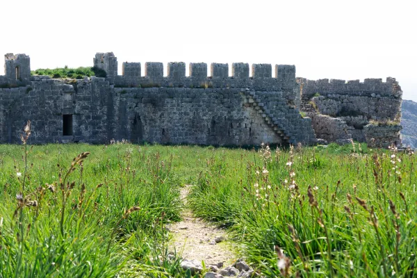 Yemyeşil otlar arasında yer alan Anavarza ören yerindeki tarihi kalenin kalıntıları