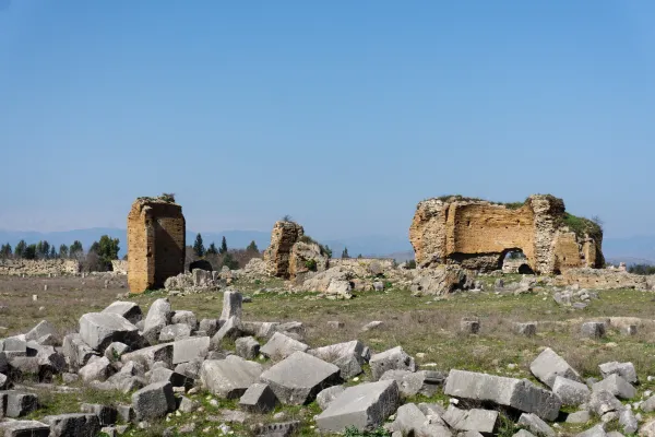 Açık mavi gökyüzü altında tarihi kalıntılar ve yeşil alanlar.