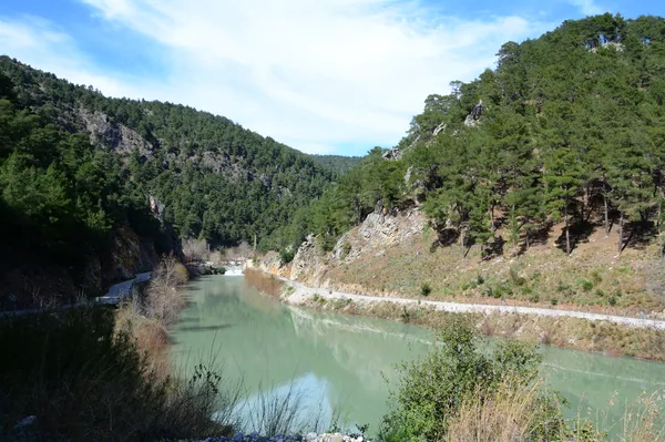 Yerköprü mesire alanında yeşil dağlar ve sakin bir nehir manzarası.