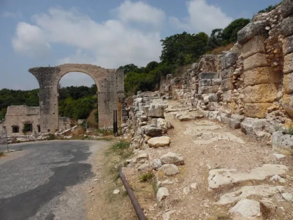 Antik kalıntılar, yüksek kemer ve yeşil ağaçlarla çevrili doğal alan