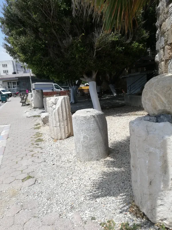 Büyük yeşil ağaçlar ve antik taş bloklarla çevrili yürüyüş yolu