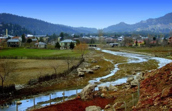 Yemyeşil dağların arasında bir köy ve kıvrılan dere suyu.