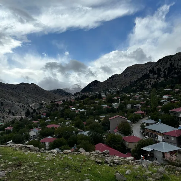 Dağlık alanda yürüyen insanlar ve yeşil ağaçlarla kaplı manzara.