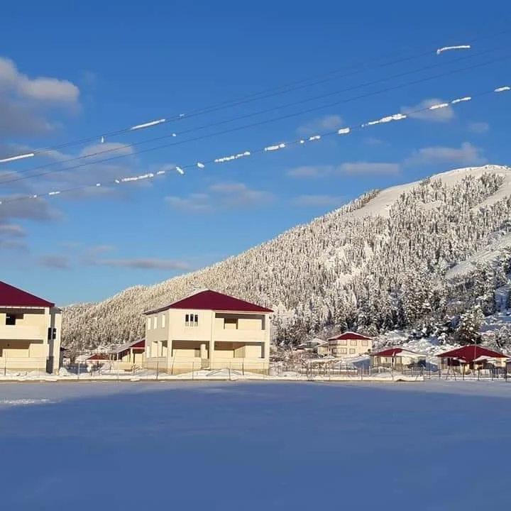 Kozan Göller Yaylası'nda Kış Manzarası Karla kaplı Kozan Göller Yaylası'nda modern binalar ve ağaçlarla çevrili dağ manzarası