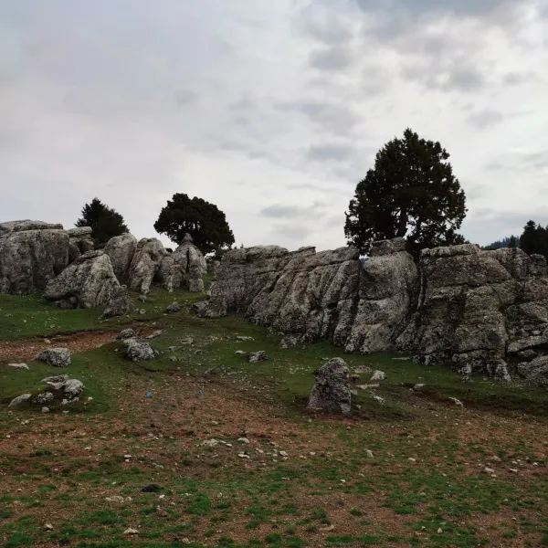 Büyük taş kütleleri ve yeşil çimenlik alanlarıyla huzurlu bir doğa manzarası.