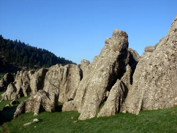 Kozan Göller Yaylası'ndaki kayalıklar ve yeşil çim alanı.