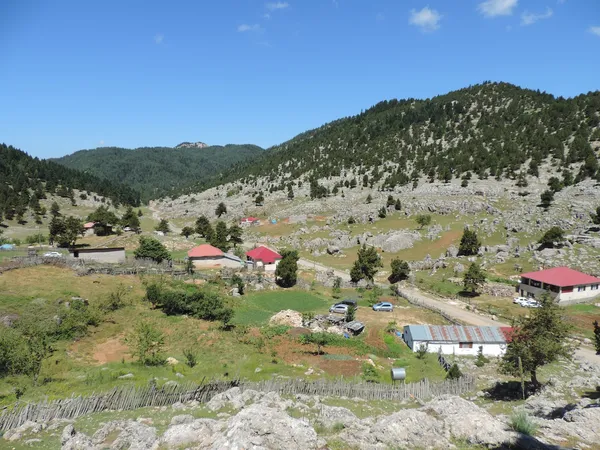 Kozan Göller Yaylası'nda yeşil dağ manzarası ve pembe çatılı evler.