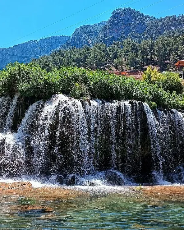 Yeşil bitki örtüsüyle çevrili, güneşli bir havada akan küp şelaleleri.