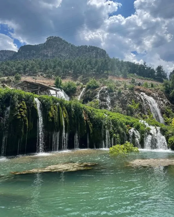 Yemyeşil doğada akan şelaleler ve berrak gölet manzarası