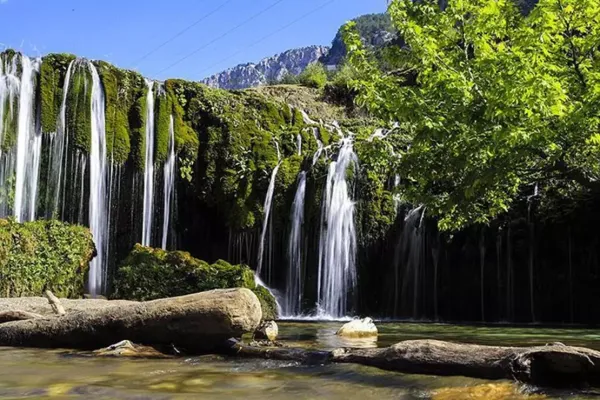 Yeşil yosunlarla kaplı kayalıklardan akan şelale, berrak gölete düşüyor.