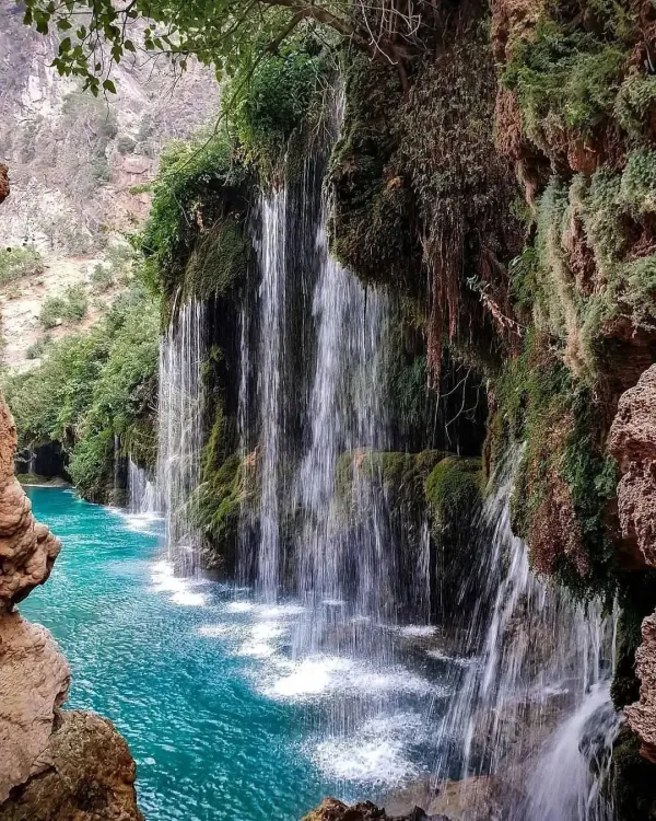 Yüksek kayalıklardan düşen su ile çevrili yemyeşil doğa manzarası