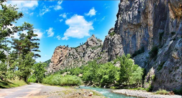 Yemyeşil ağaçlarla çevrili nehir boyunca uzanan yol ve kayalıklar.