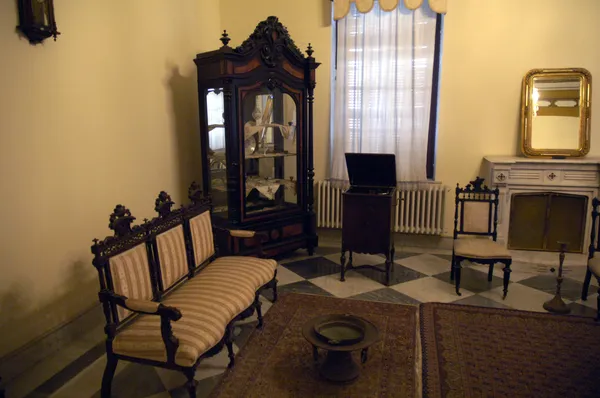 Tarihi bir odada klasik koltuk takımı, gramofon ve şömine yer alıyor.