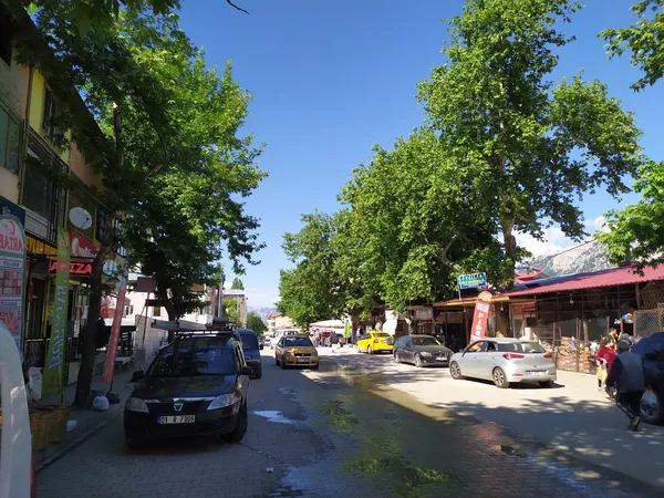 Ağaçlarla çevrili sokakta dükkanlar ve park etmiş araçlar görünmekte.