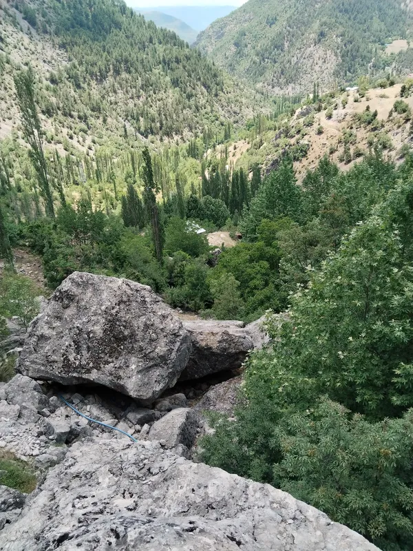 Ormanlarla kaplı bir vadi ve dağların göz alıcı manzarası