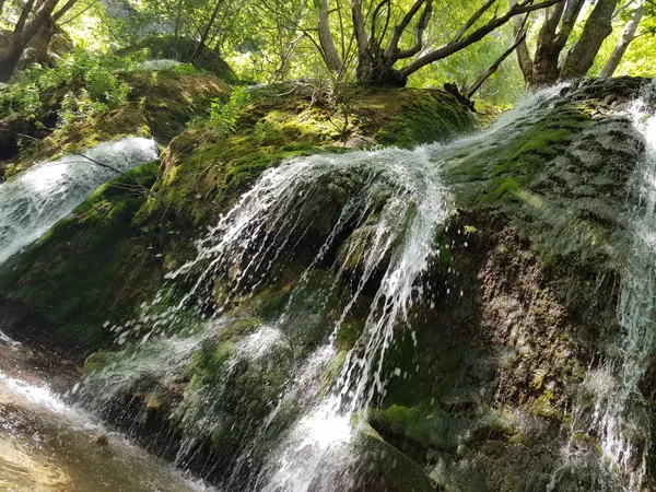 Yeşil ormanda akan şelale, kayaların üzerinde hafif sis oluşturuyor.