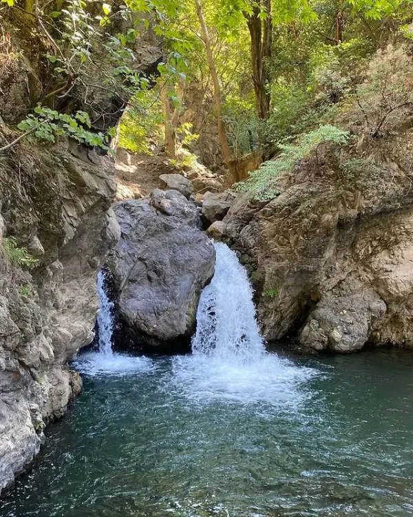 Küçük şelale, kayalar arasından akarak gölet oluşturuyor, etrafı yeşil ağaçlarla çevrili.