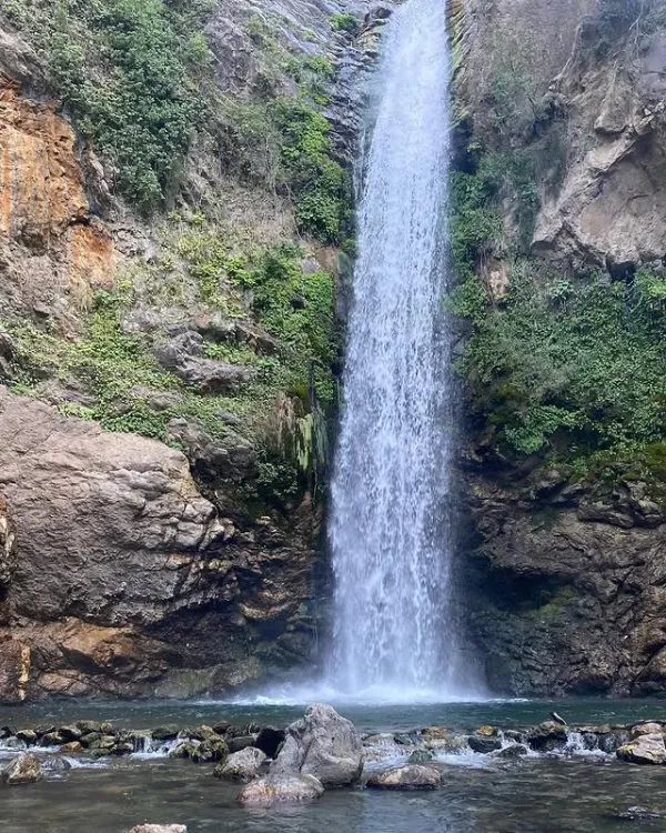 Kaya arasından düşen su, etrafında yeşil bitkiler ve büyük kayalarla huzur veren bir doğa manzarası oluşturuyor.