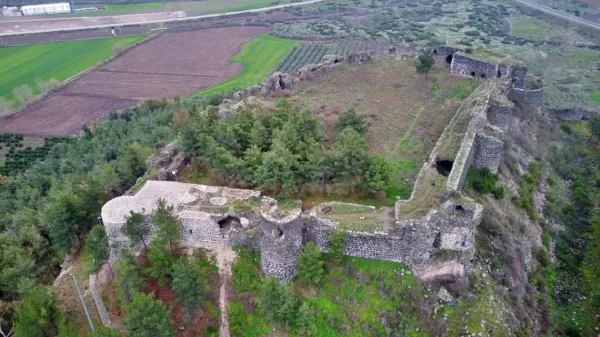 Yeşil ağaçlarla çevrili tarihi kalenin yüksek taş duvarları ve kuleleri görünüyor.