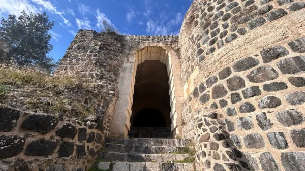 Taşlardan inşa edilmiş yüksek bir kalenin girişine çıkan merdiven, yuvarlak kemer ve yeşil bitki örtüsü