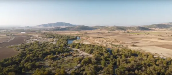 Geniş bir doğal manzara, nehir ve yoğun ağaç örtüsü ile çevrili pastoral bir alan