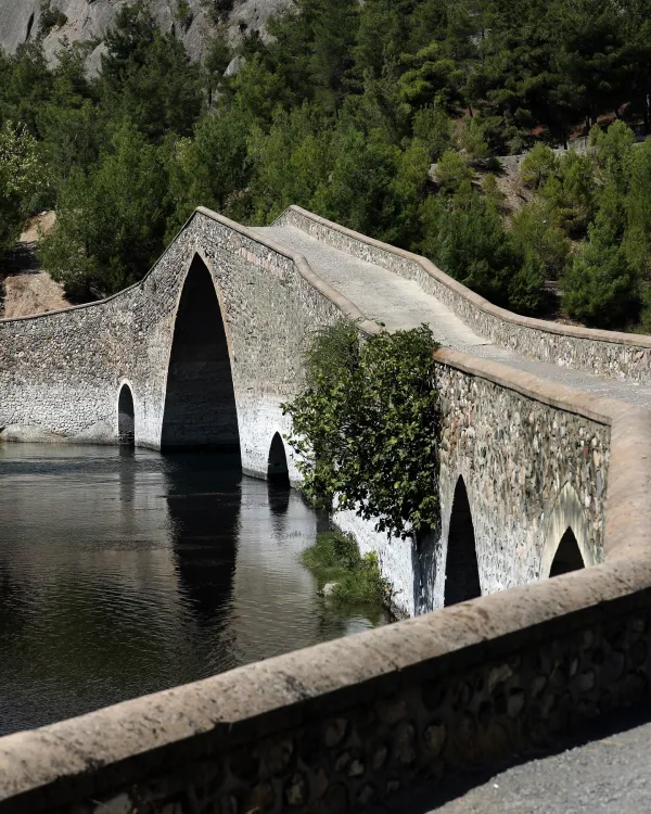 Tarihi taş köprü, geniş su gölünün üzerinde doğal bir ortamda yer alıyor.