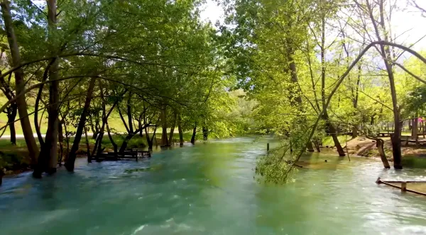 Yoğun yeşil ağaçlarla çevrili, mavi-yeşil su akışı ve ahşap platformlar