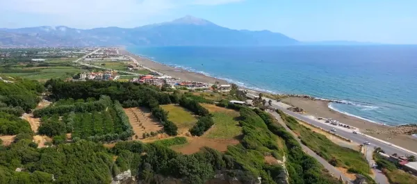 Mavi deniz, kumlu plaj ve yeşil ağaçlarla çevrili kıyı manzarası.