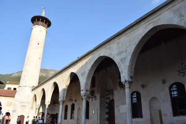 Yüksek minaresi ve açık taş cephesiyle Habibi Neccar Camii, yeşil dağlar arasında yer alıyor.
