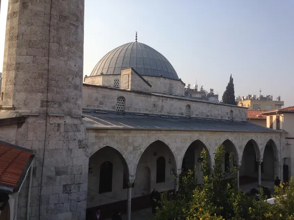 Yuvarlak kubbeye sahip Habibi Neccar Camisi, yeşil bitkilerle çevrili.