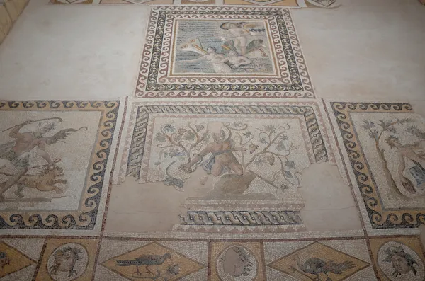 Antik mozaik zemin, mitolojik figürler ve canlı renklerle süslü detaylar içeriyor.