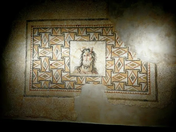 Büyük mozaik alanında güçlü yüz ifadesine sahip adam başı ve geometrik desenler