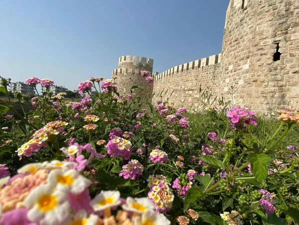 Tarihi taş surlar ve renkli çiçeklerle dolu huzurlu bir manzara.