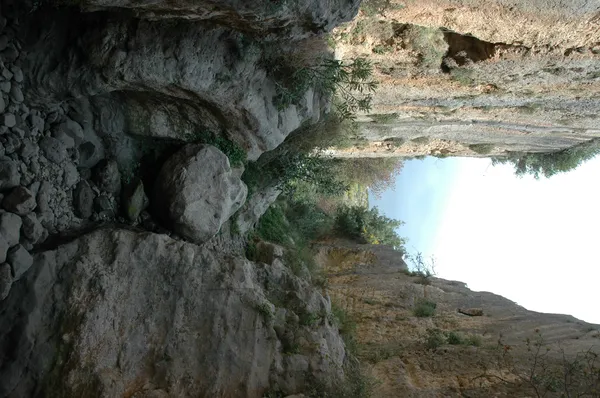 İki kayalık arasında uzanan kanyon, yeşil bitkiler ve açık gökyüzü ile doğa yürüyüşü için ideal bir alan.
