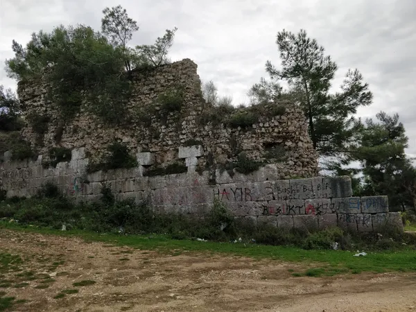 Eski taş kalıntılar, bitki örtüsü ve grafitilerle kaplı tarihi yapı.