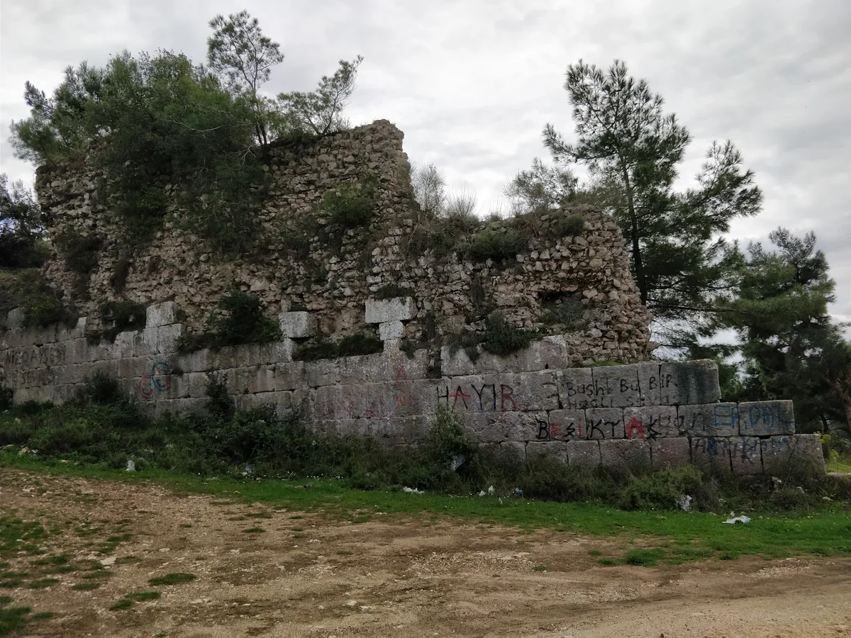 Antakya Kalesi - Doğanın ve Tarihin Dansı! Eski taşlar ve bitki örtüsü Eski taş kalıntılar, bitki örtüsü ve grafitilerle kaplı tarihi yapı.