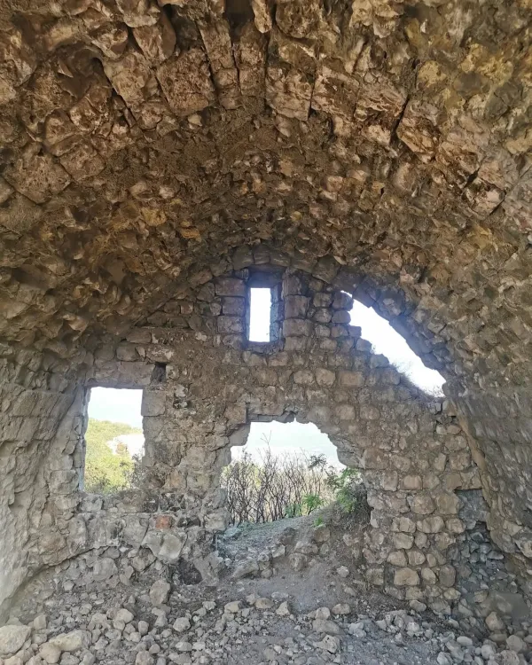 Taş tonoz yapılı yıkık bir iç mekan, büyük pencereler ve yeşillikler görünmekte.