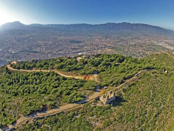 Yeşil ağaçlarla kaplı bir alan ve şehir manzarası, dağlarla çevrili.