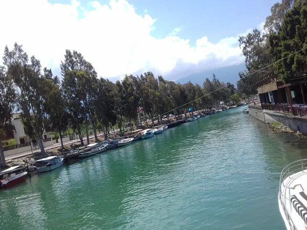 Huzur verici yeşil su yolu boyunca dizilmiş küçük botlar ve ağaçlarla çevrili alan.