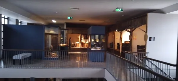 Modern mimari ve doğal ışıkla aydınlatılmış müze iç mekanında vitrinler ve ziyaretçi