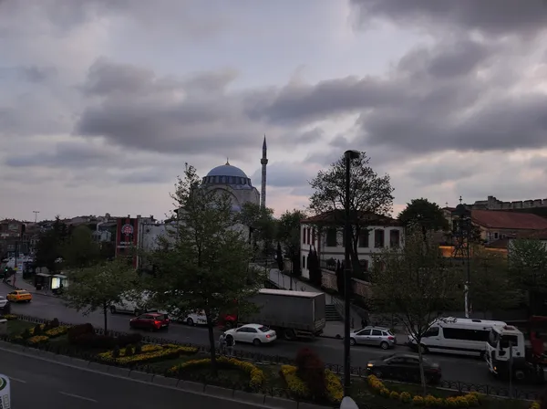 Şehir manzarasında bir cami, çeşitli yapılar ve yeşil alanlar yer alıyor.