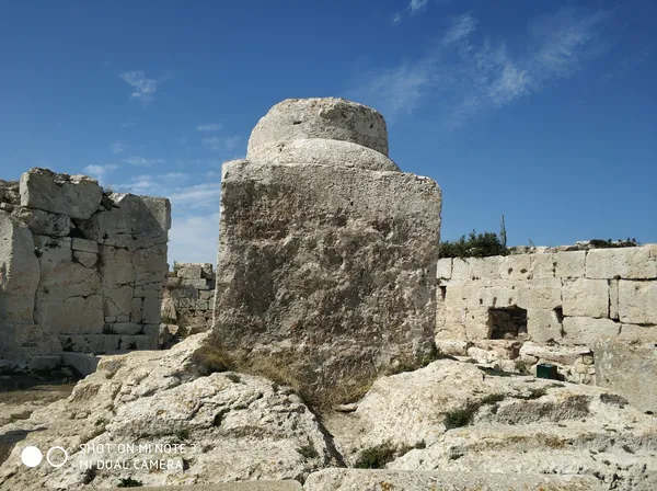 Büyük silindirik taş yapı ve yıkılmış duvarlar, doğal bitki örtüsüyle kaplanmış.