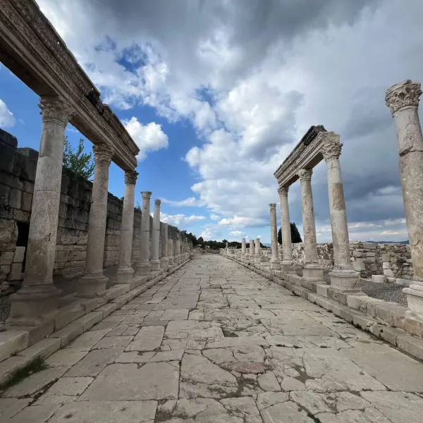 Uzun taş yol ve detaylı işlenmiş sütunlarla dolu antik kalıntı alanı