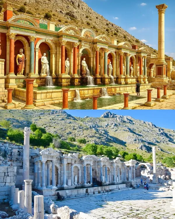 Antik su yapısı, sütunlar ve heykeller ile çevrili, akıntılı su ve yıpranmış kalıntılar.