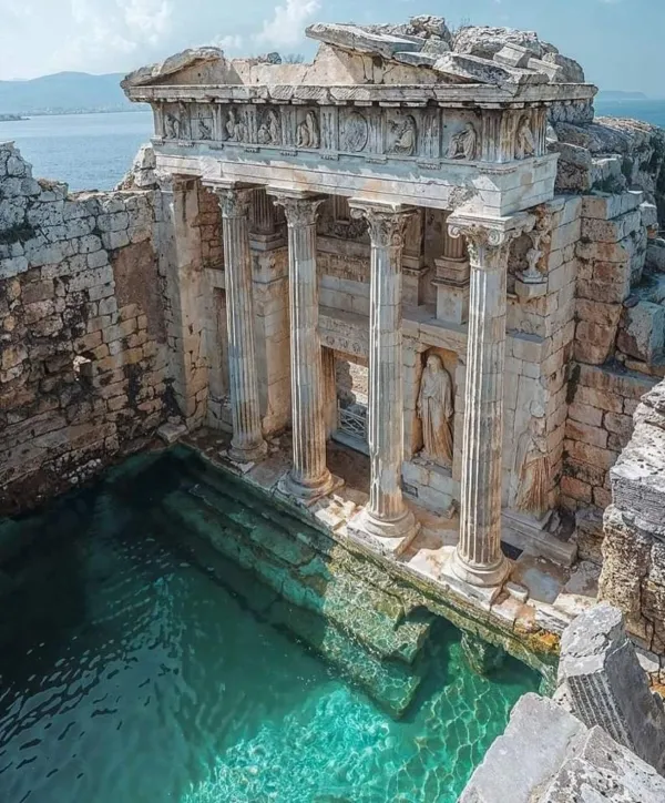 Sagalassos antik kentindeki suya gömülmüş yapının kalıntıları ve deniz manzarası