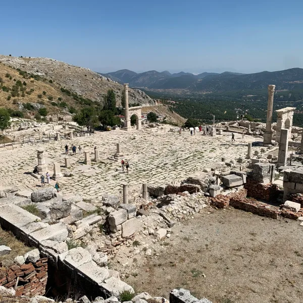 Antik kalıntılar, sütunlar ve dağlık manzara ile dolu geniş bir alan